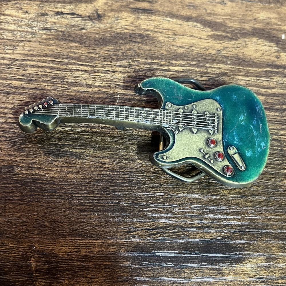 Vintage 1980 Indiana Metal Craft Electric Guitar Belt Buckle multi-color 4.25x2"